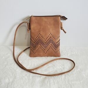 TAN Boutique Faux Leather Zig Zag Dark Silver Embellished Crossbody Bag Purse